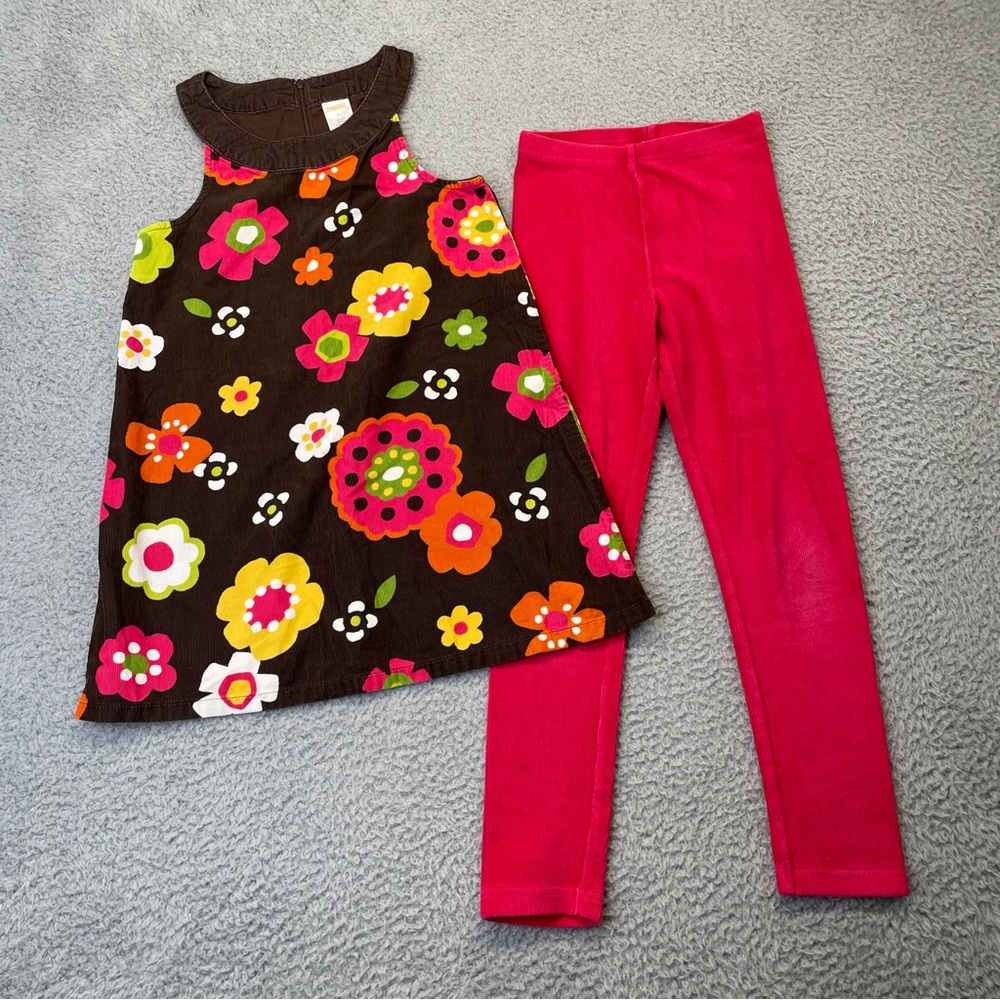 Gymboree Dress Girls 6 Brown Floral Retro Corduroy Leggings Red